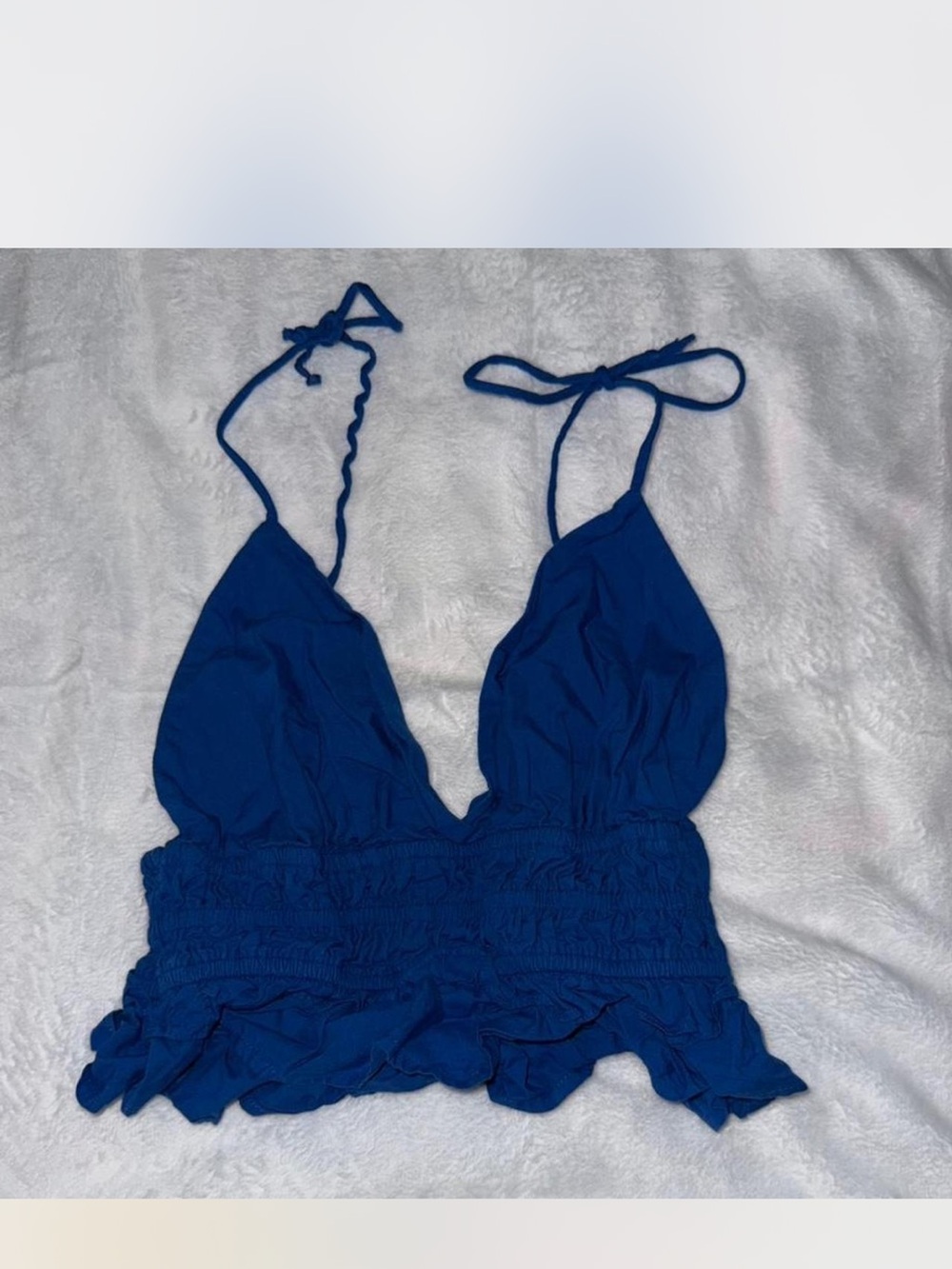 Smocked Ruffle Tie-Strap Crop Top in Royal Blue